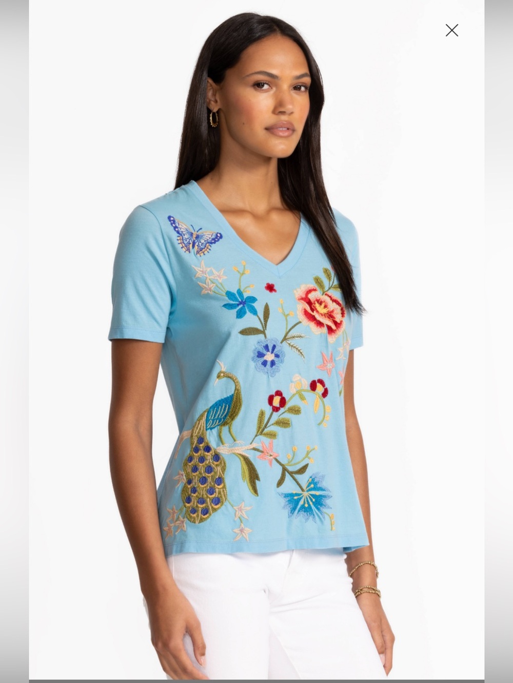 Johnny Was Nicolette V Neck Tee Shirt Top Ethereal Blue Cotton Embroidery M or L
